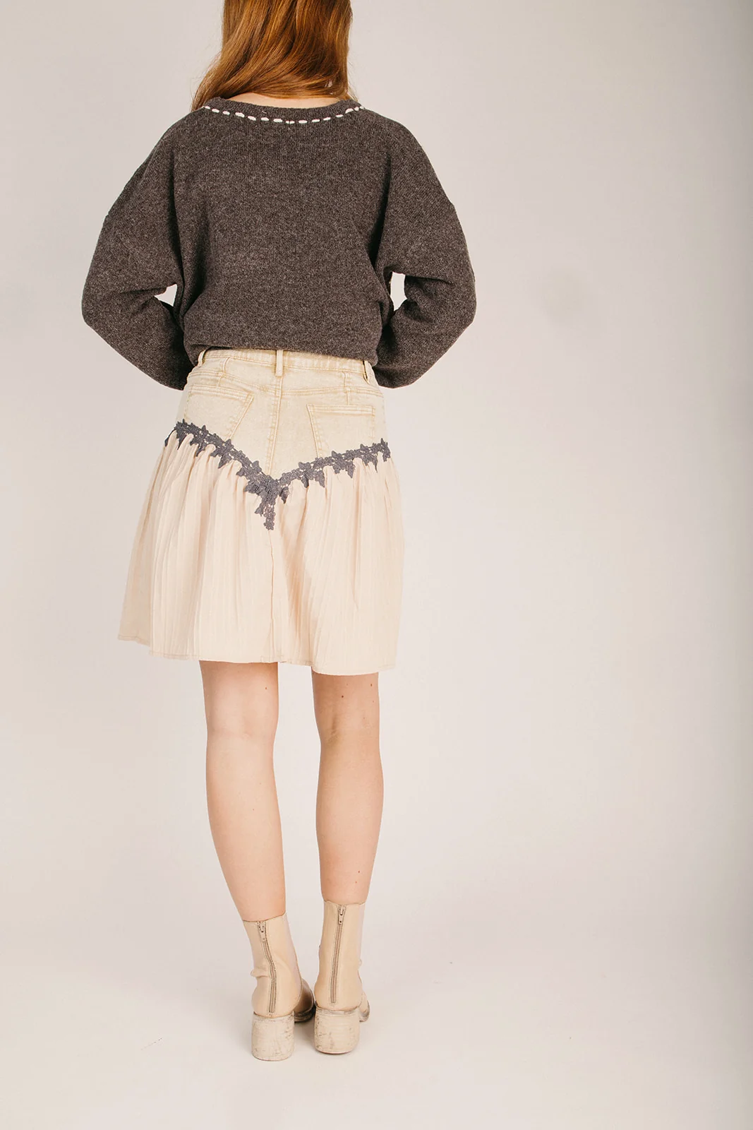 The Katz Stitch Pleated Denim Skirt in Sand - Image 2