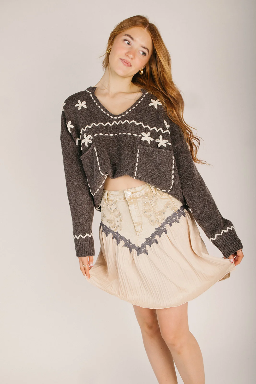 The Katz Stitch Pleated Denim Skirt in Sand - Image 3