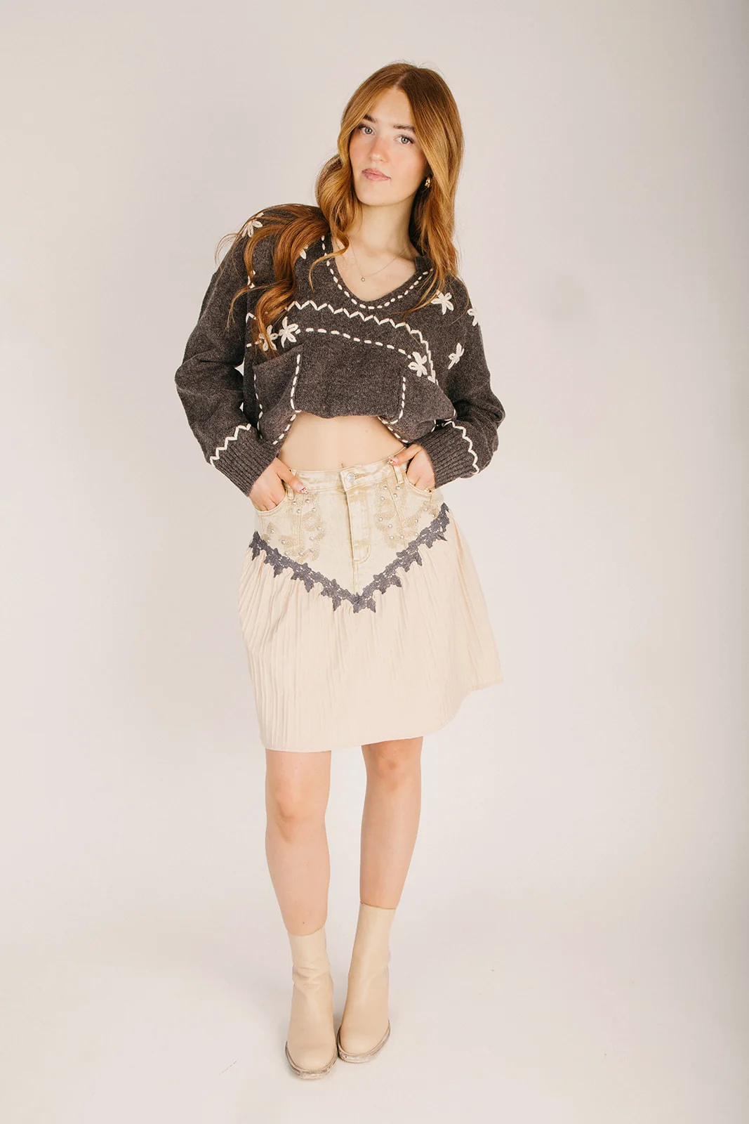 The Katz Stitch Pleated Denim Skirt in Sand - Image 5
