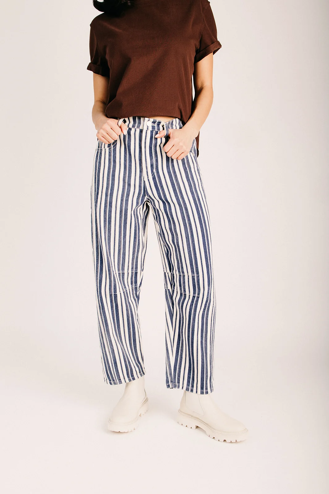 The Kaylin Striped Barrel Pant in Navy