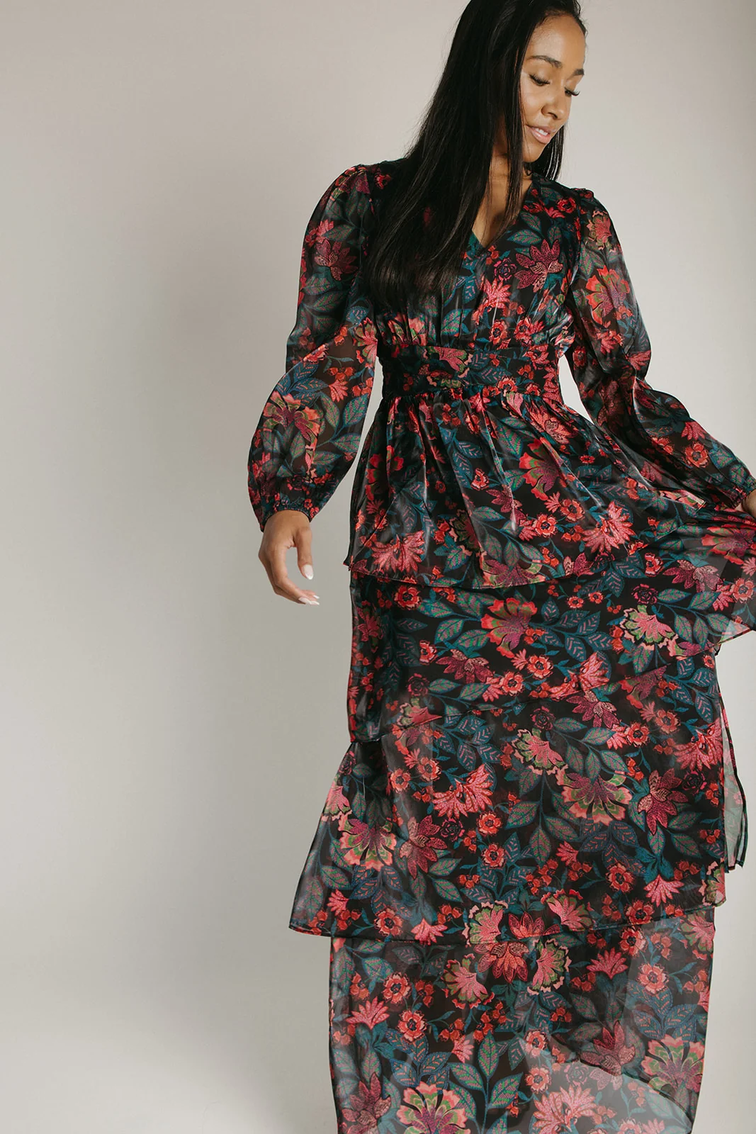 The Keshla Tiered Organza Maxi Dress in Black + Red - Image 3