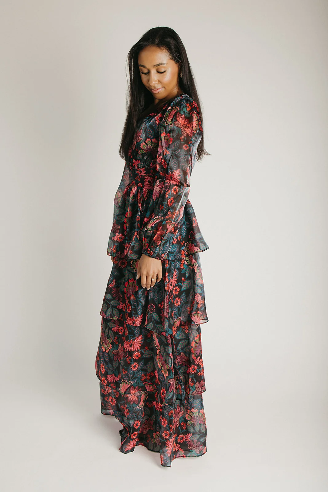 The Keshla Tiered Organza Maxi Dress in Black + Red - Image 4