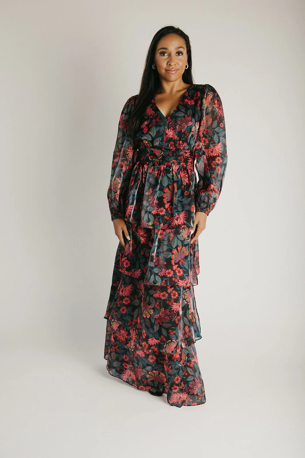 The Keshla Tiered Organza Maxi Dress in Black + Red - Image 6