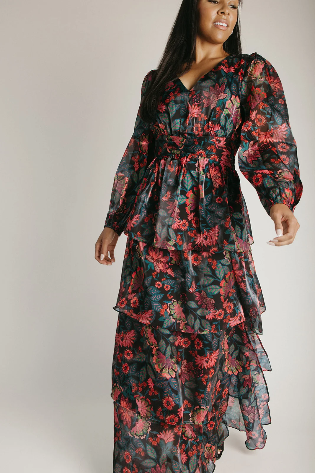 The Keshla Tiered Organza Maxi Dress in Black + Red - Image 7