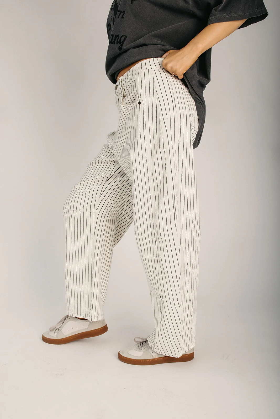 The Kisling Pinstriped Barrel Jean in White + Black - Image 3