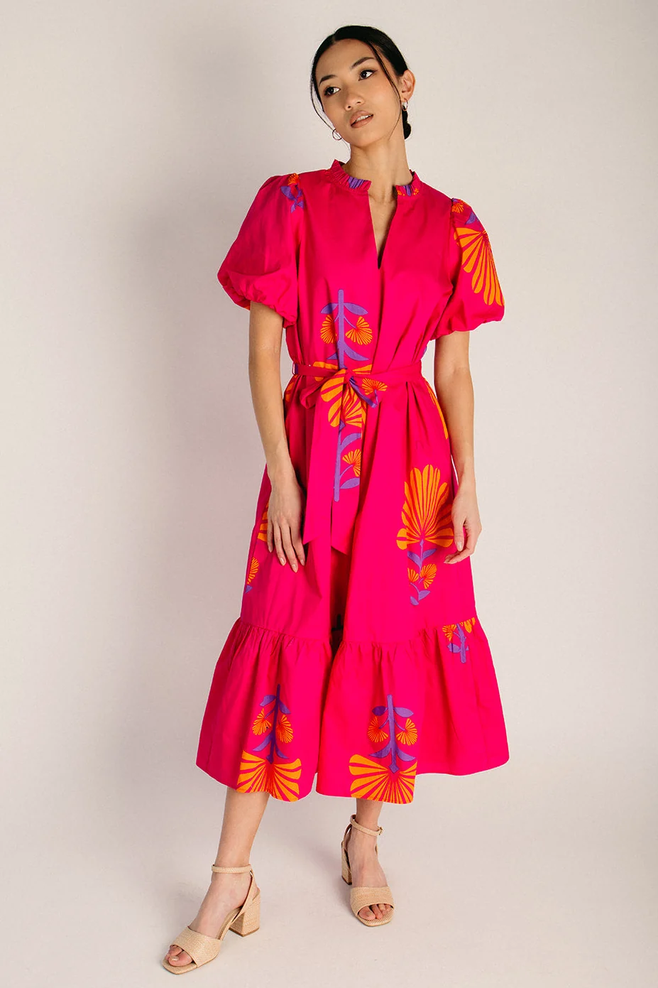 The Krane Puff Sleeve Midi Dress in Fuchsia + Orange