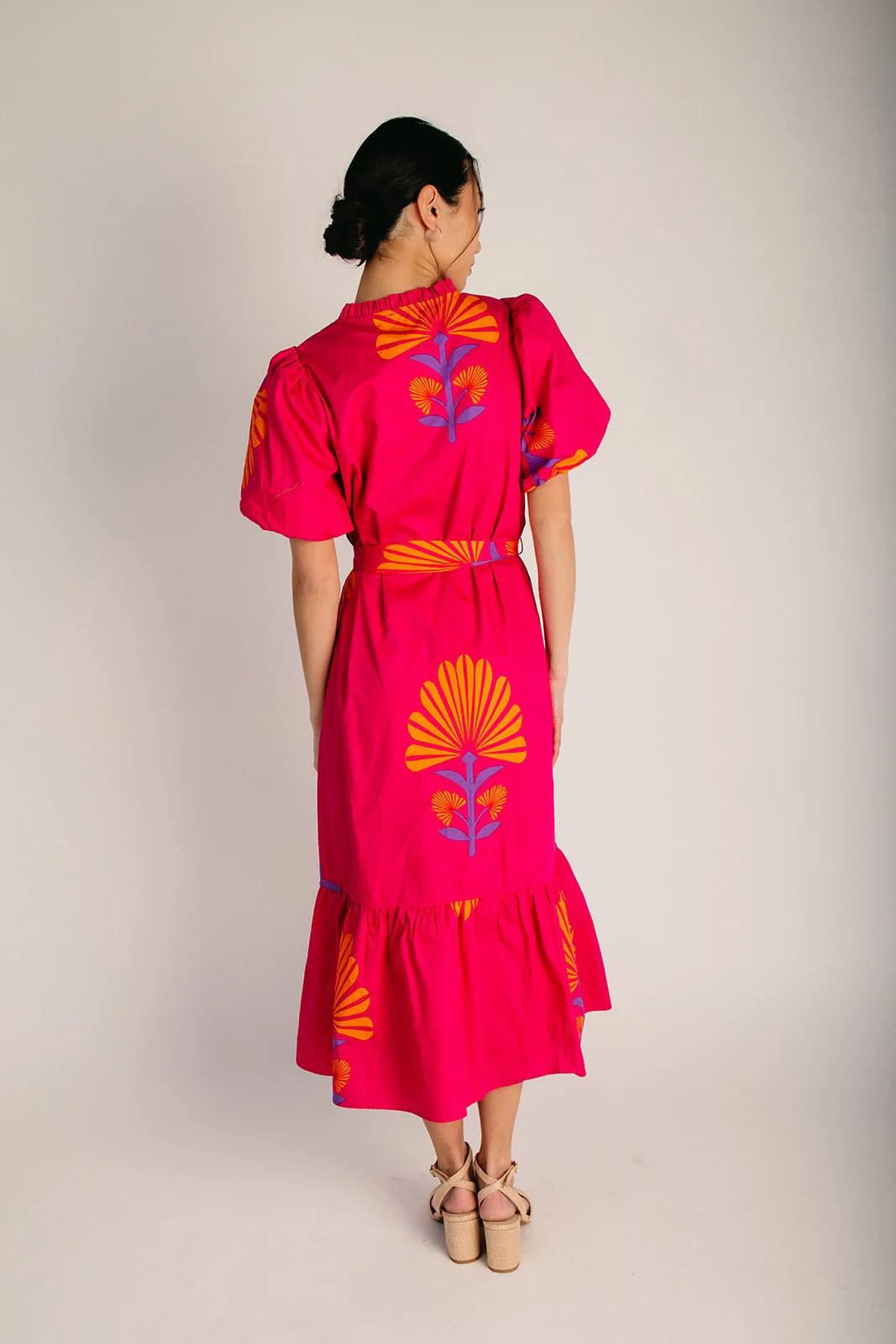 The Krane Puff Sleeve Midi Dress in Fuchsia + Orange - Image 2