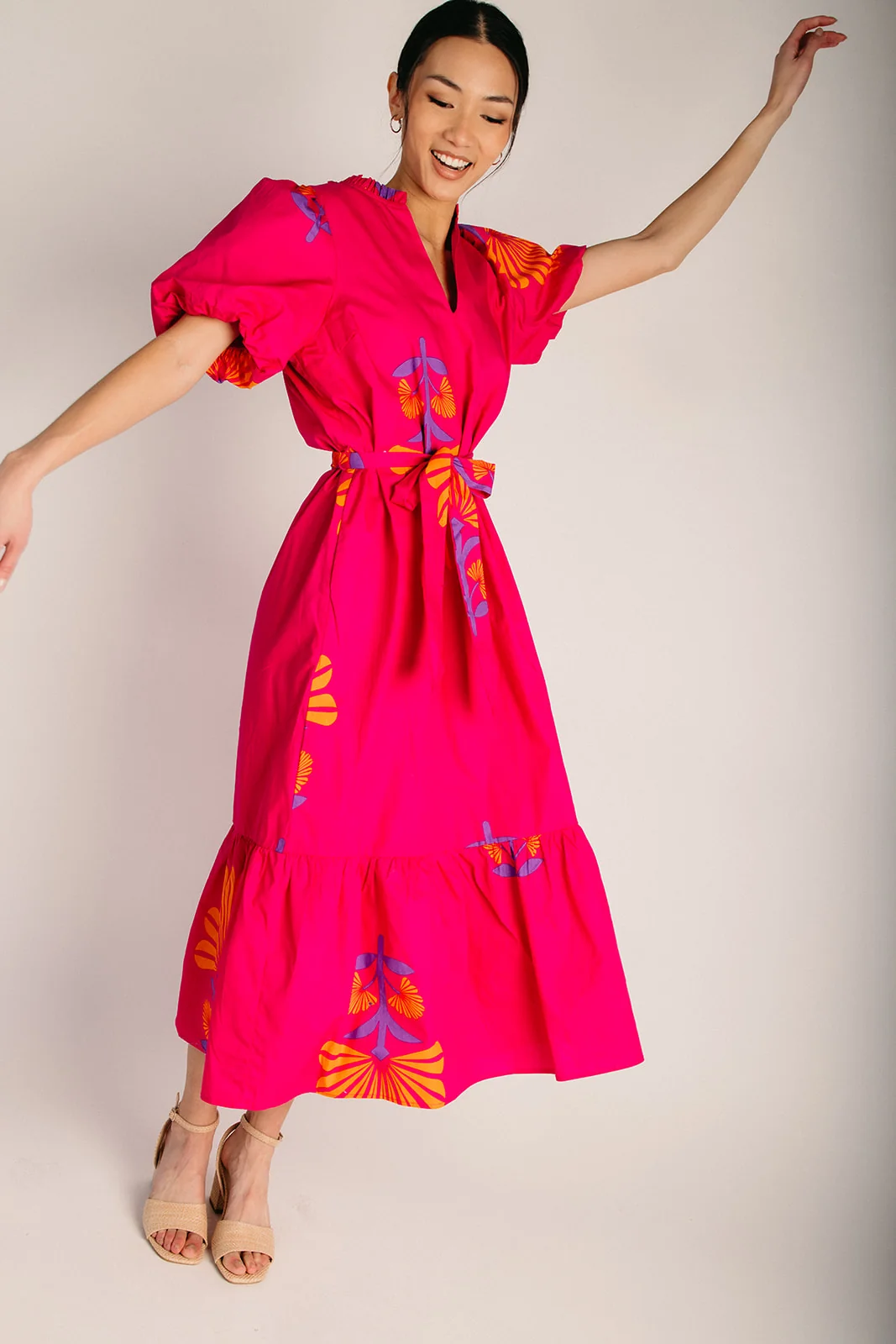 The Krane Puff Sleeve Midi Dress in Fuchsia + Orange - Image 5