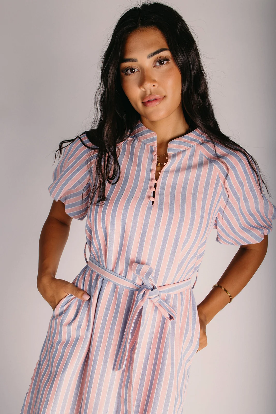The Krislin Striped Midi Dress in Mauve + Blue - Image 3
