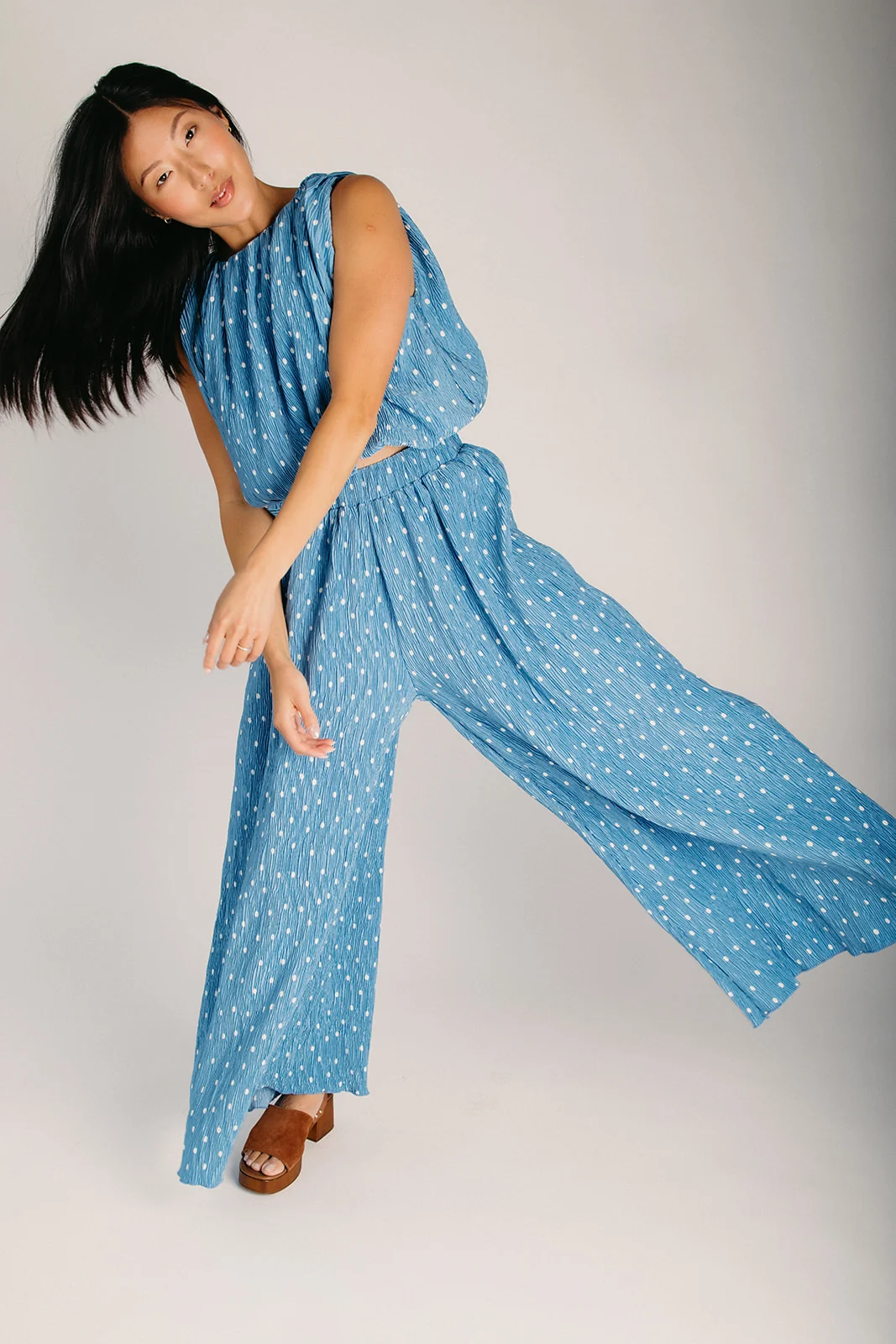 The Kulpa Pleated Polka Dot Tank in Blue - Image 5
