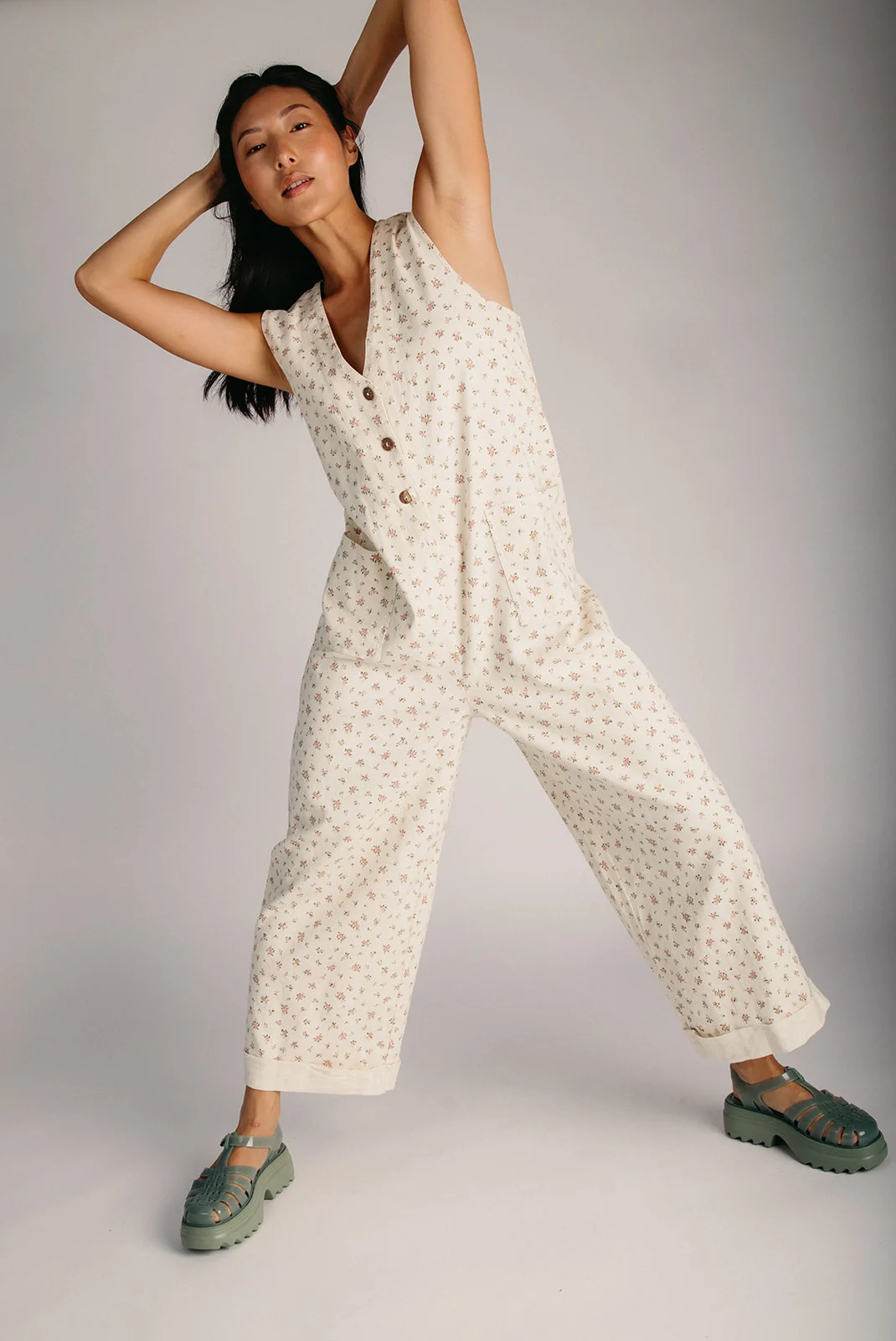 The Lagrange Floral V-Neck Overall in Cream + Pink - Image 4