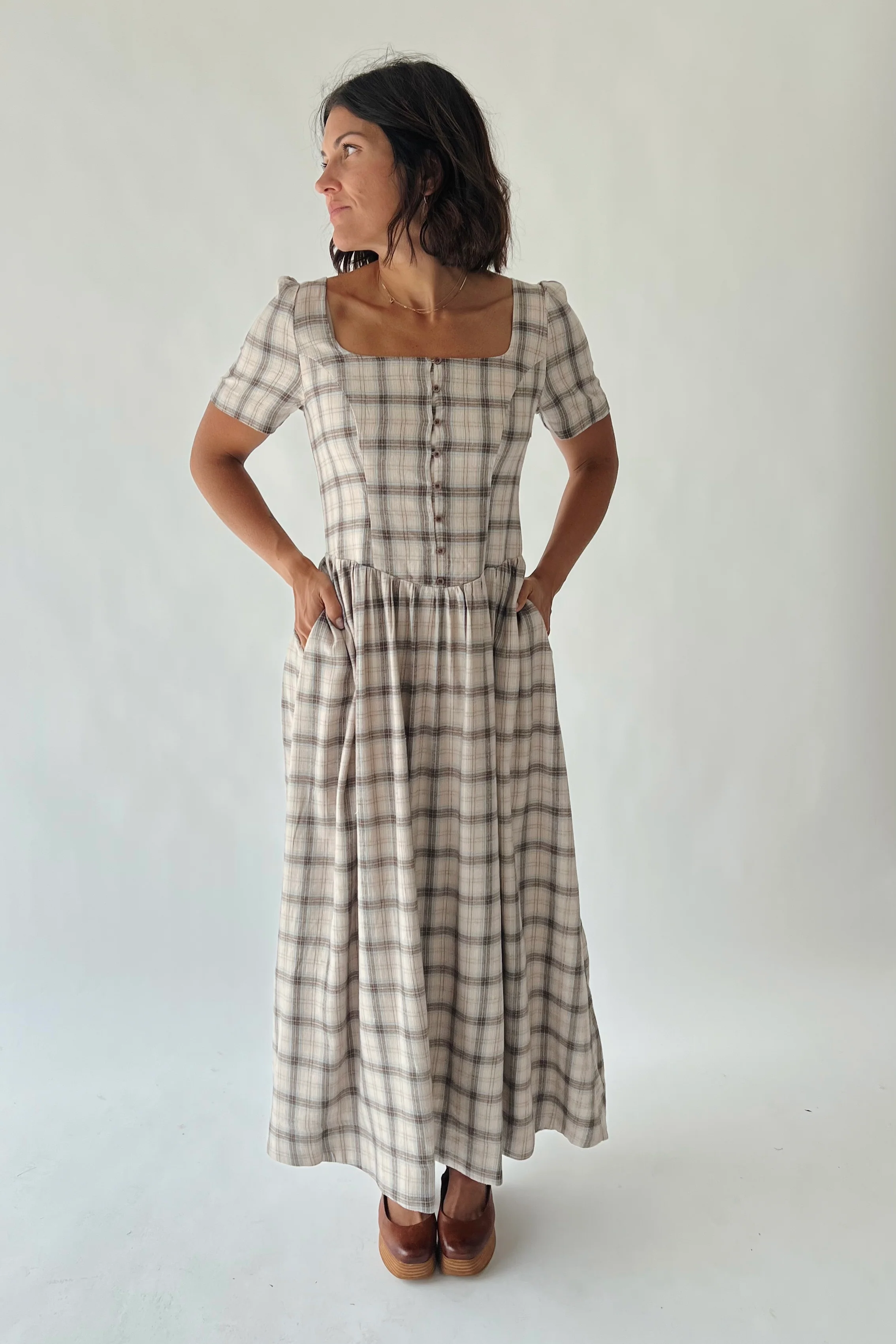 The Landers Plaid Maxi Dress in Oat
