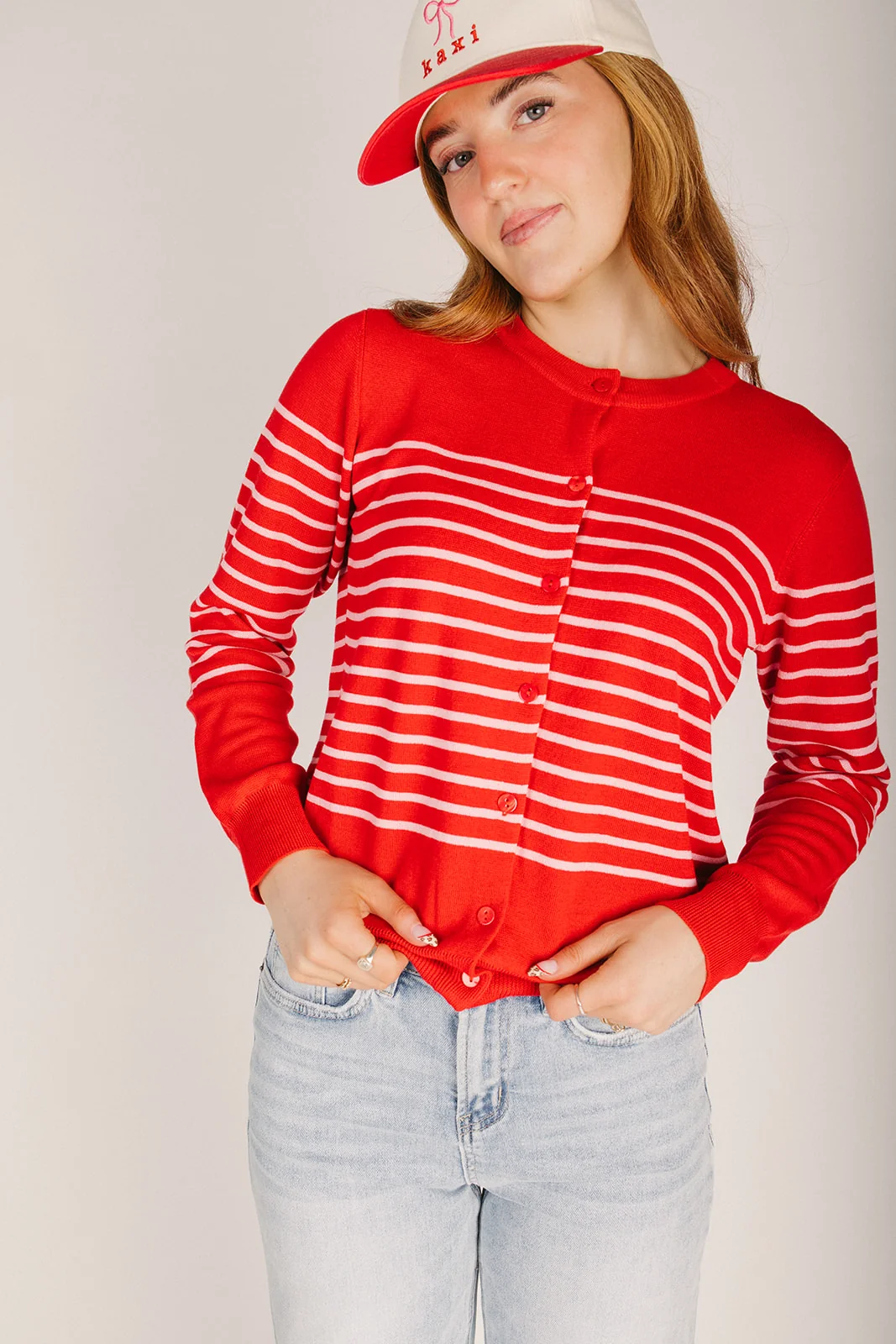 The Laughlin Striped Button-Up Cardigan in Red + Pink - Image 2
