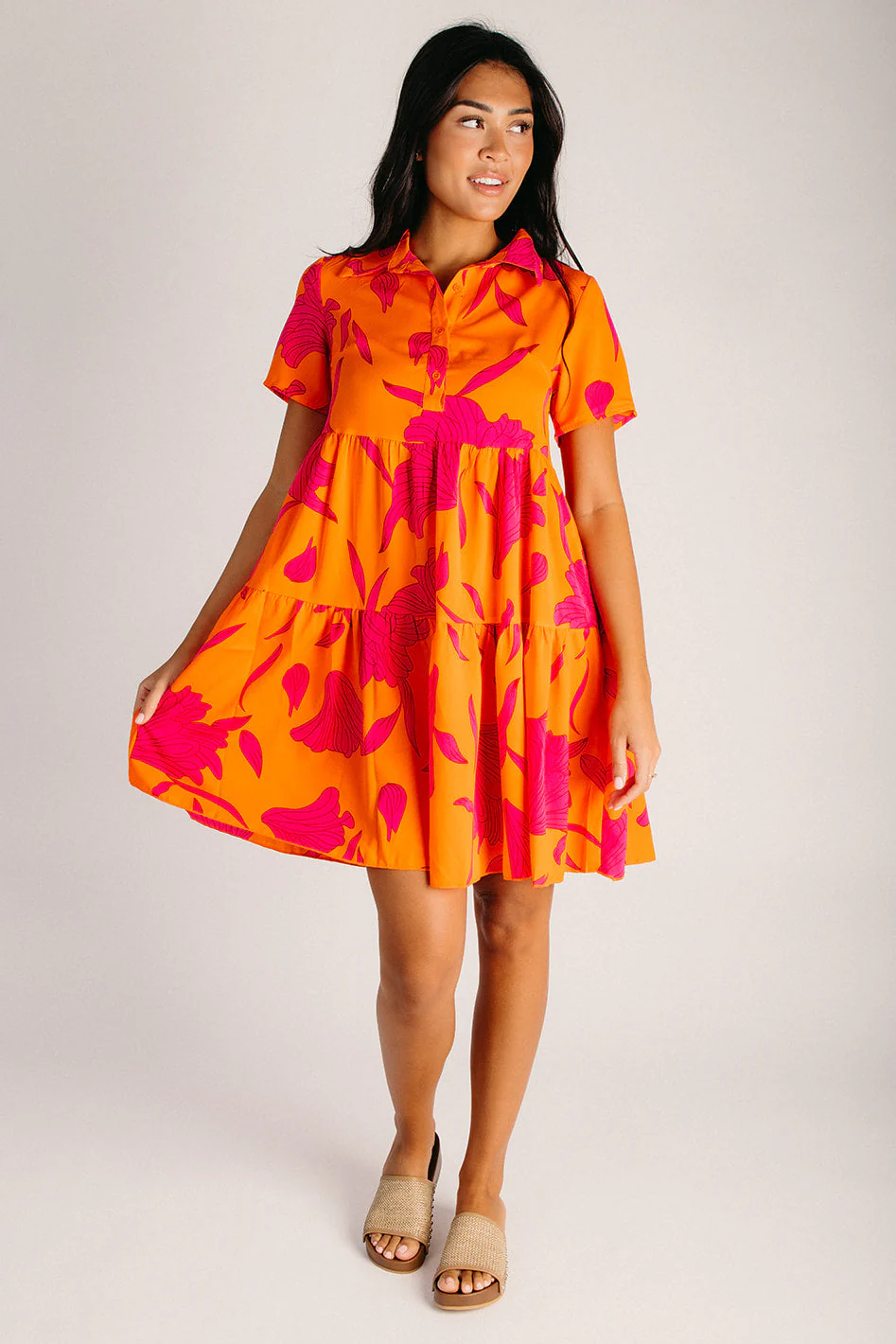 The Lexington Floral Button-Up Dress in Orange + Pink