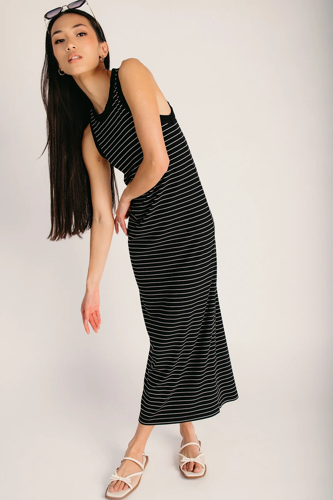 The Libero Striped Ribbed Knit Dress in Ivory + Black - Image 2
