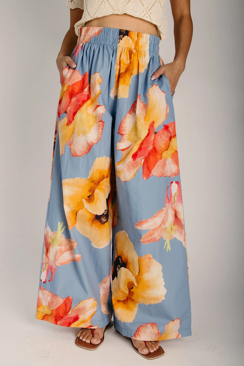 The Linder Wide Leg Floral Pant in Blue