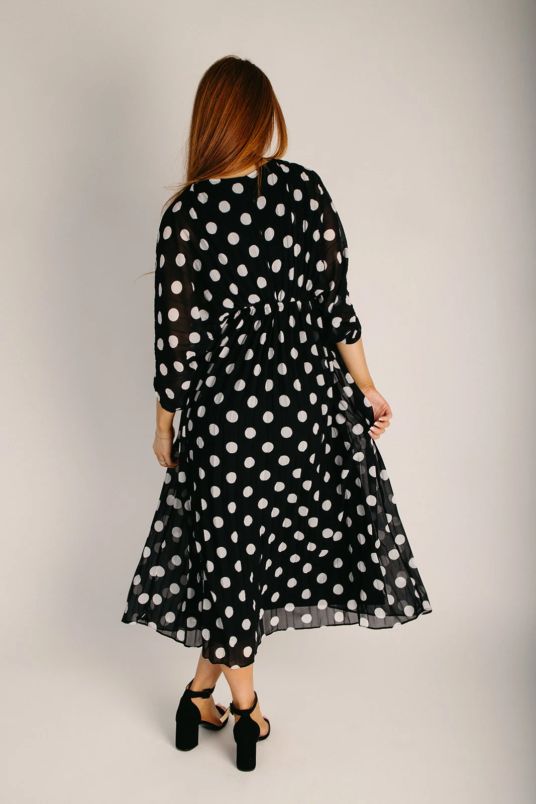 The Lindquist Pleated Dot Midi Dress in Black - Image 2