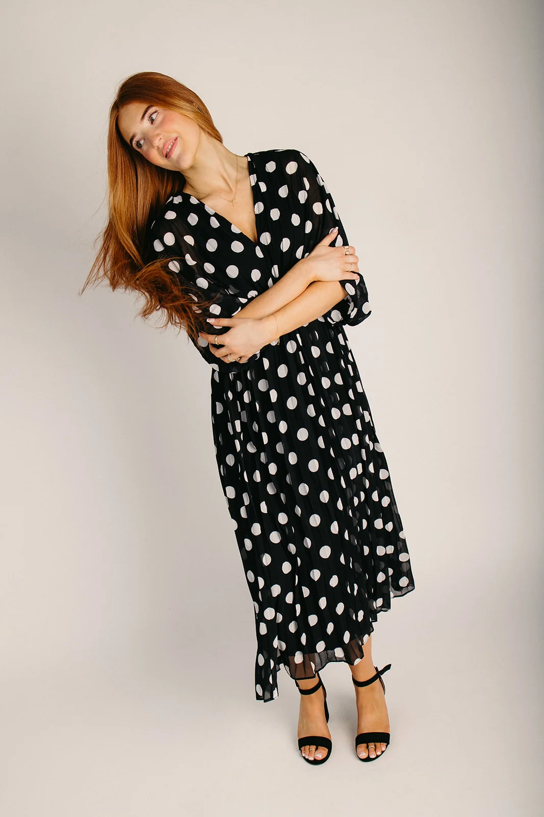 The Lindquist Pleated Dot Midi Dress in Black - Image 5