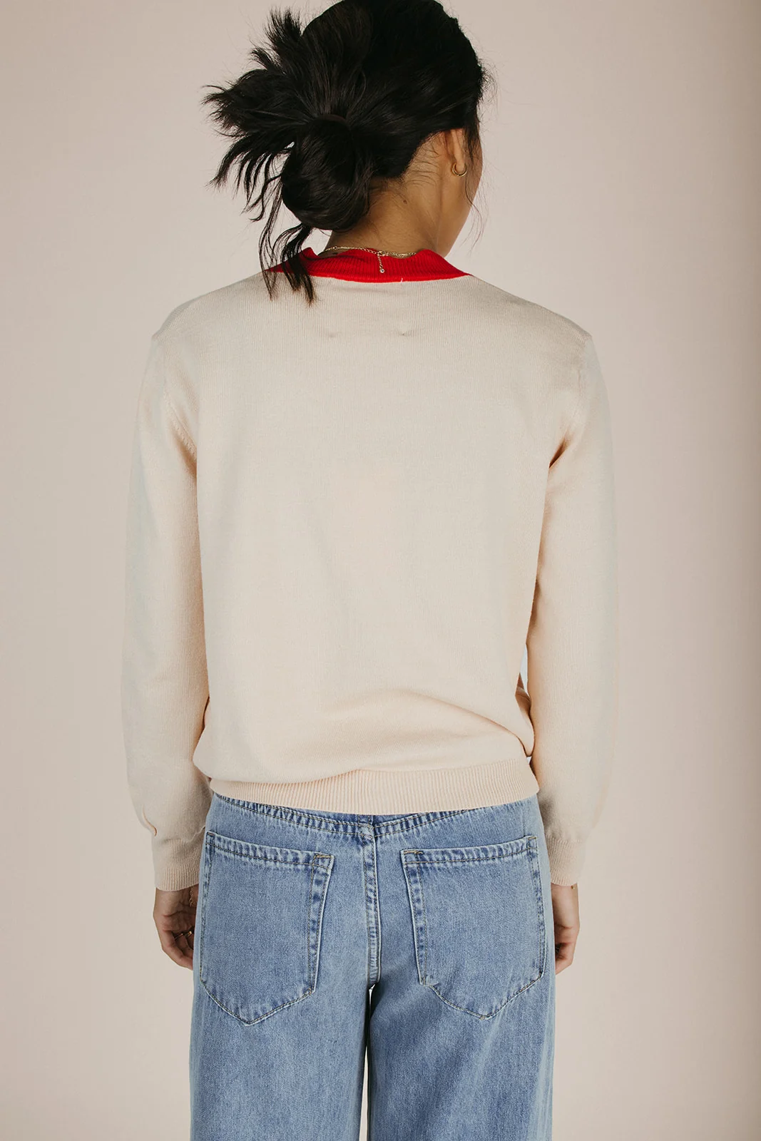 The Lonnie Scalloped Detail Cardigan in Cream + Red - Image 2