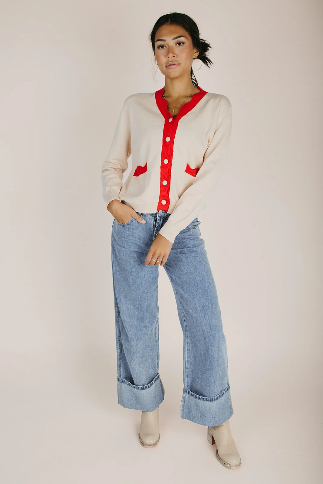 The Lonnie Scalloped Detail Cardigan in Cream + Red - Image 3