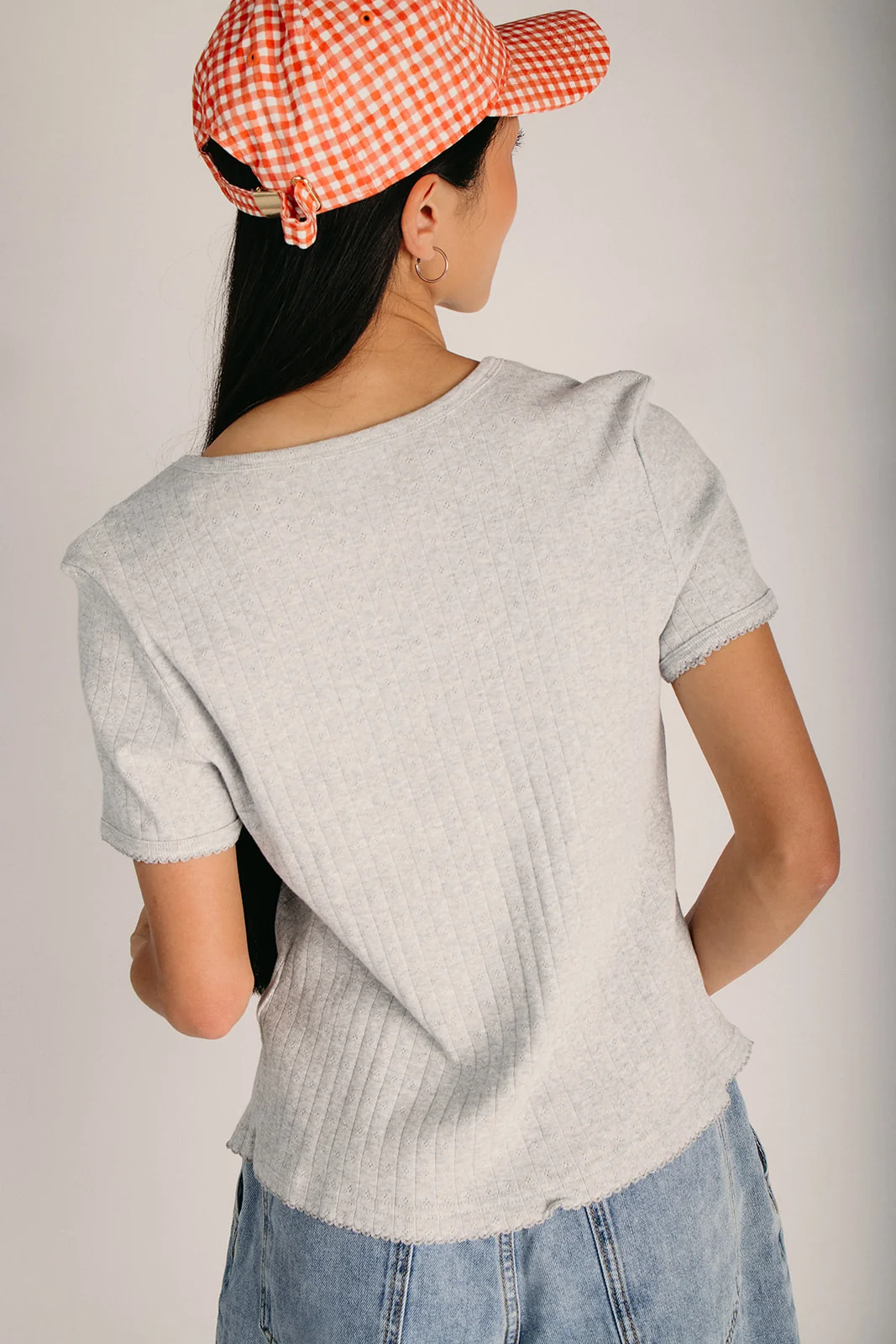 The Loretto Pointelle V-Neck Blouse in Heather Grey - Image 2