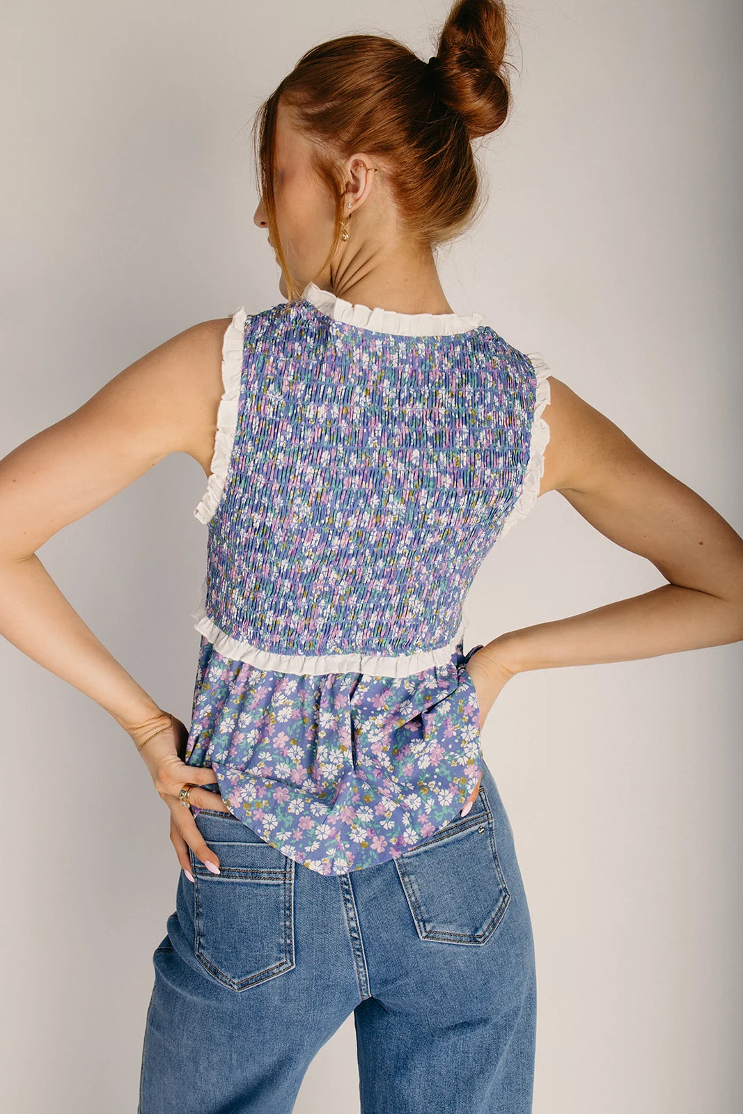 The Lowman Ditsy Floral Peplum Blouse in Cornflower Blue - Image 2