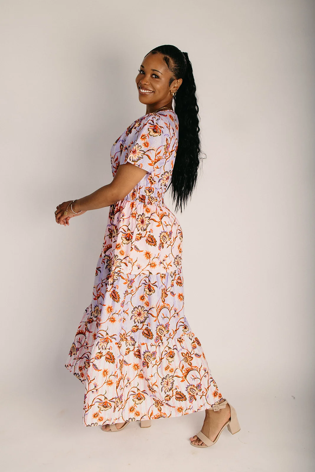 The Lunsford Tiered Paisley Midi Dress in Lavender Multi - Image 10
