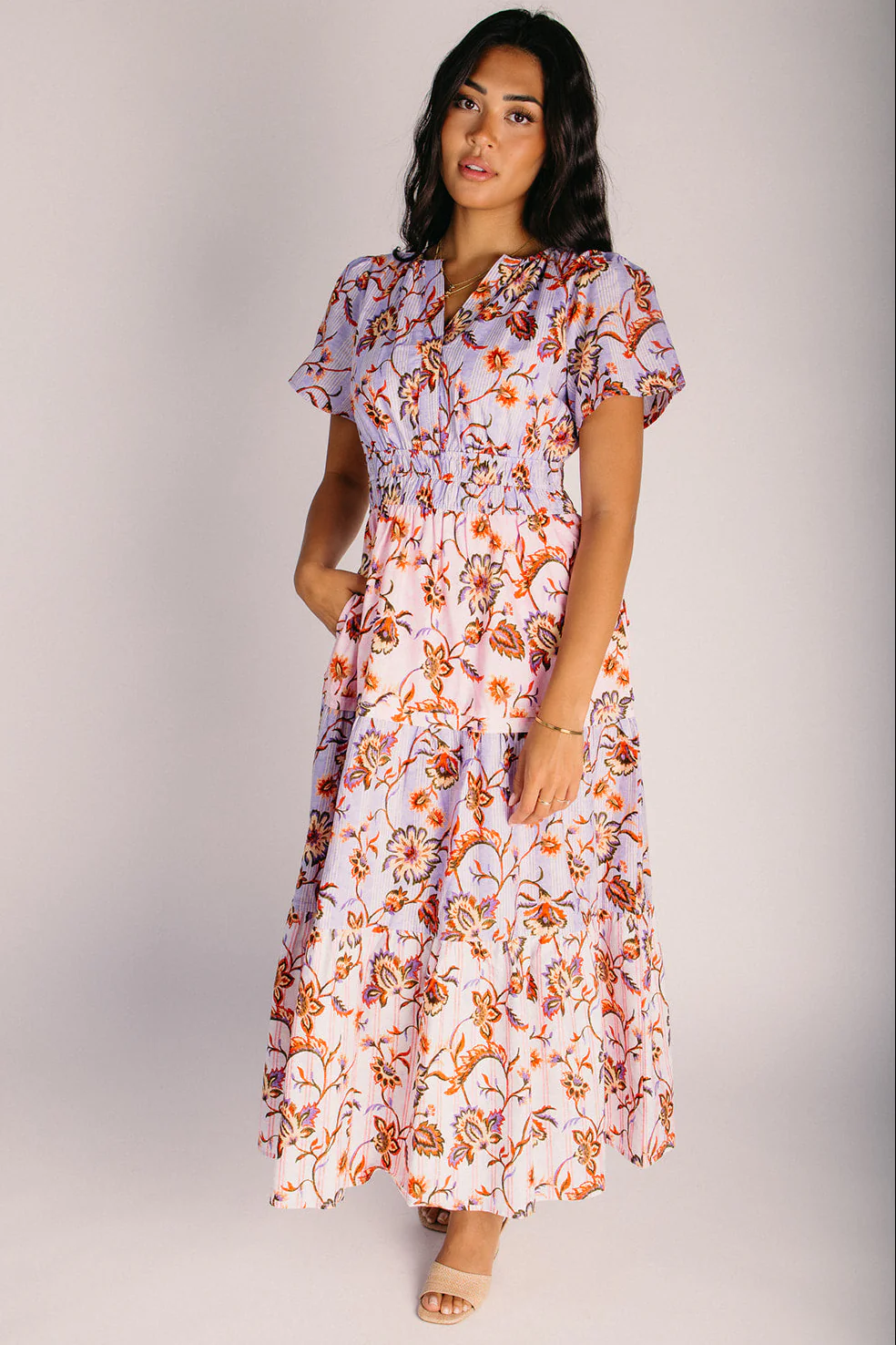 The Lunsford Tiered Paisley Midi Dress in Lavender Multi - Image 3