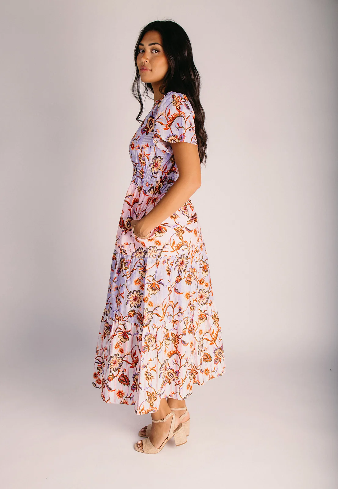 The Lunsford Tiered Paisley Midi Dress in Lavender Multi - Image 5