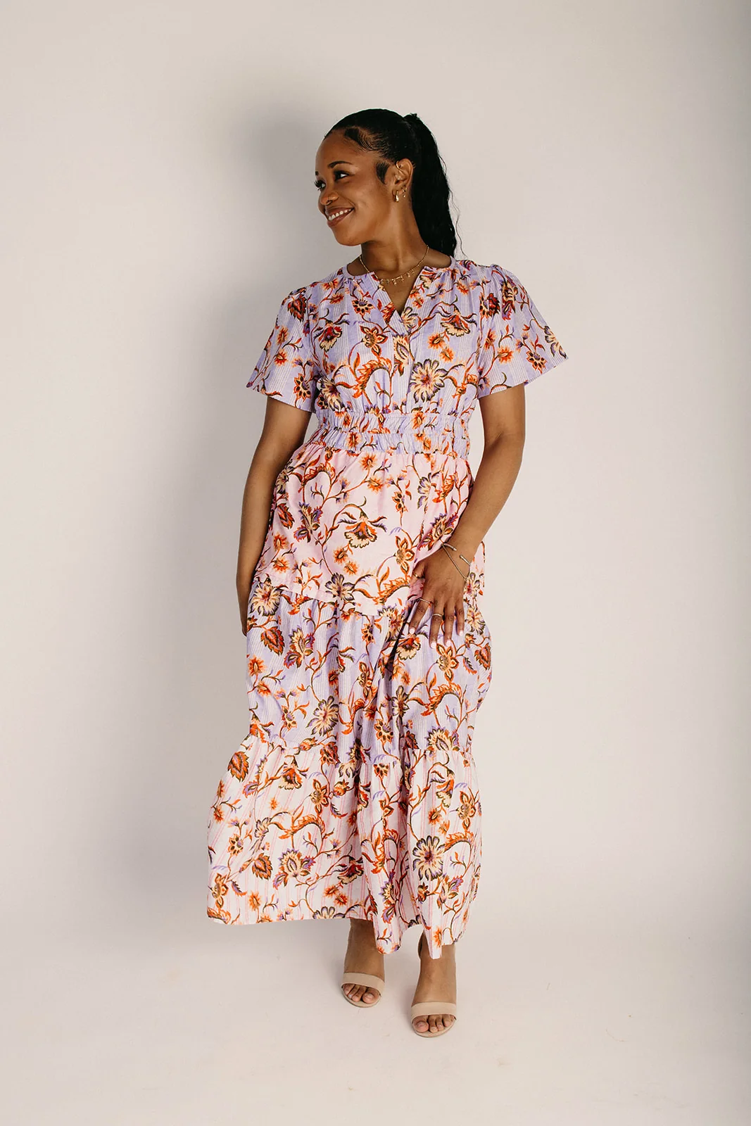 The Lunsford Tiered Paisley Midi Dress in Lavender Multi - Image 8