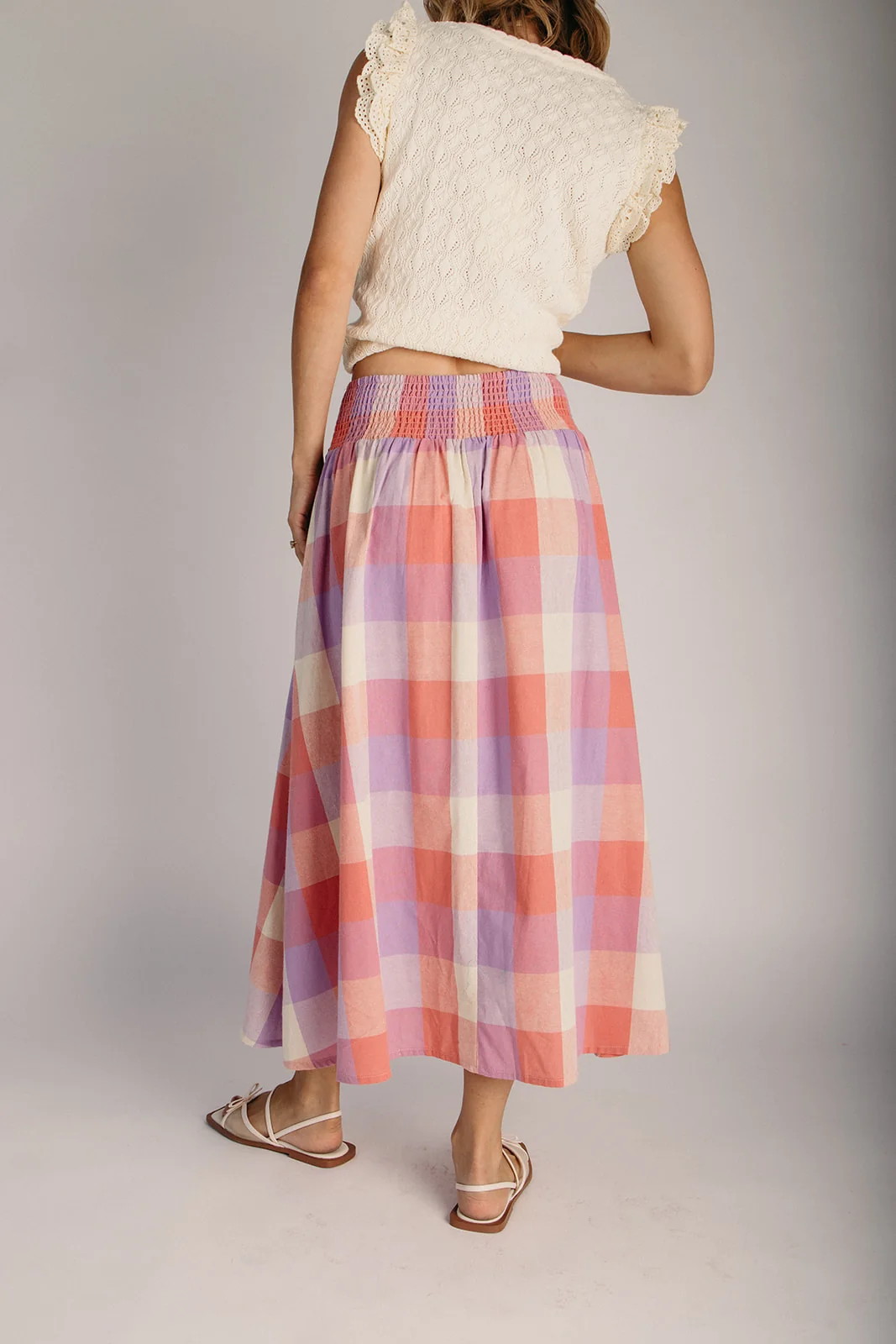The Malarkey Smocked Waist Midi Skirt in Pink + Cream Plaid - Image 2