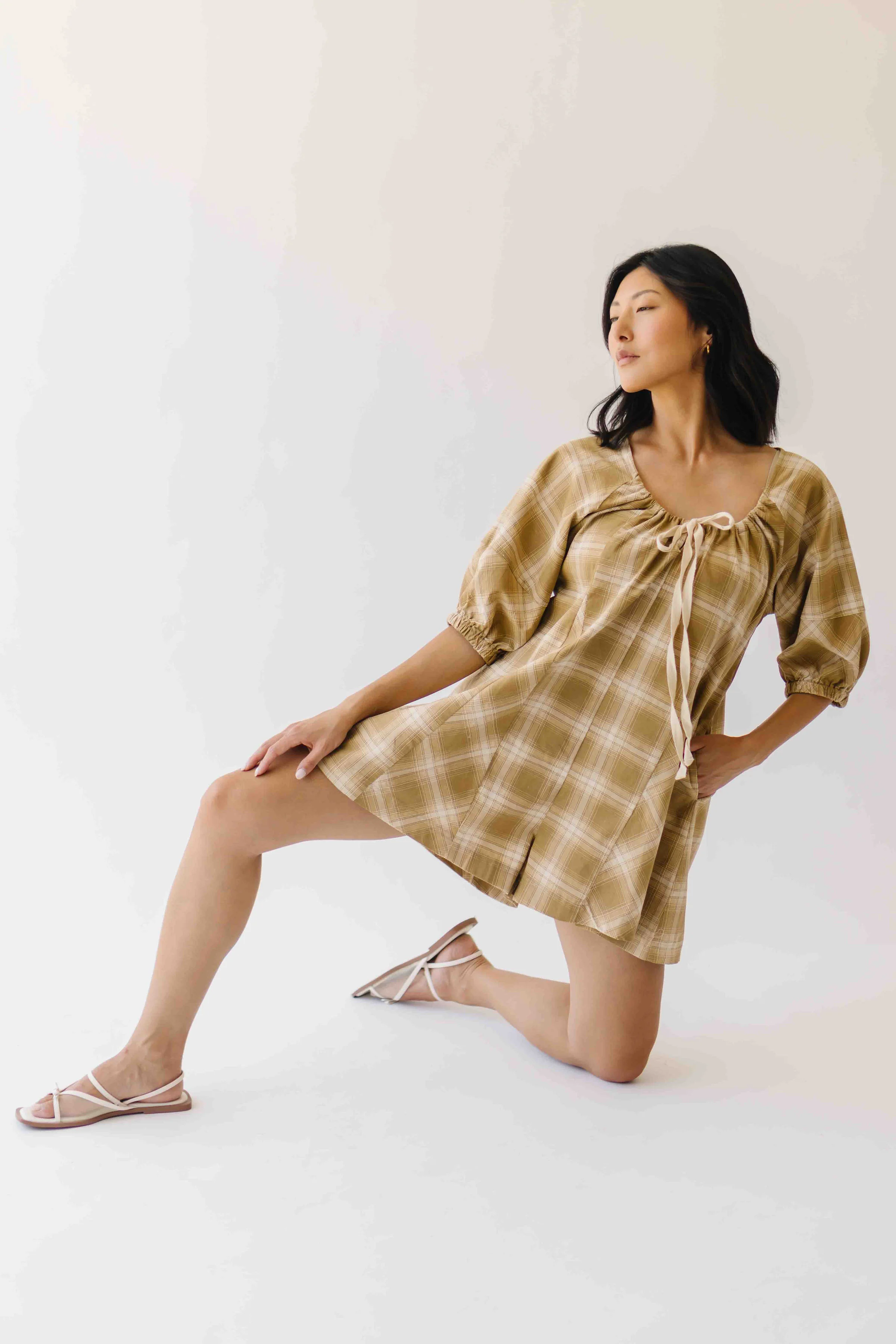The Maloney Plaid Tie Romper in Camel - Image 4