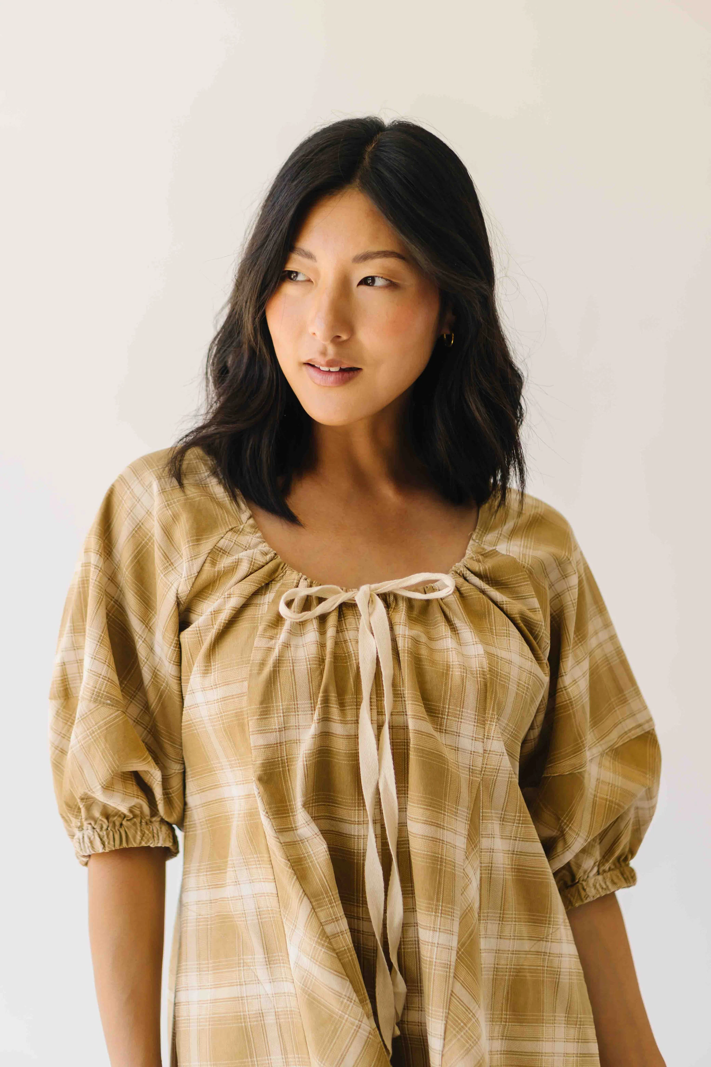 The Maloney Plaid Tie Romper in Camel - Image 6