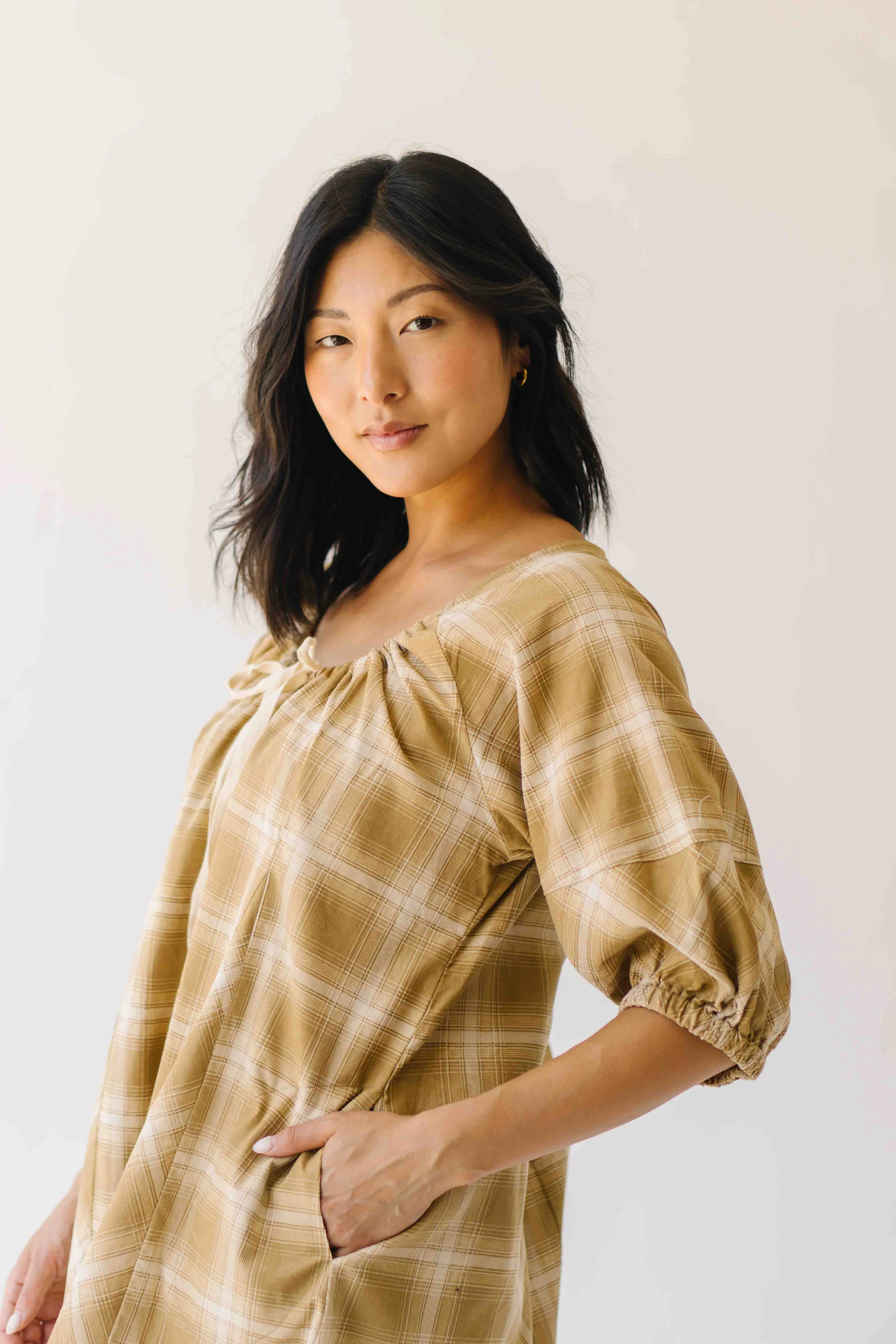 The Maloney Plaid Tie Romper in Camel - Image 7