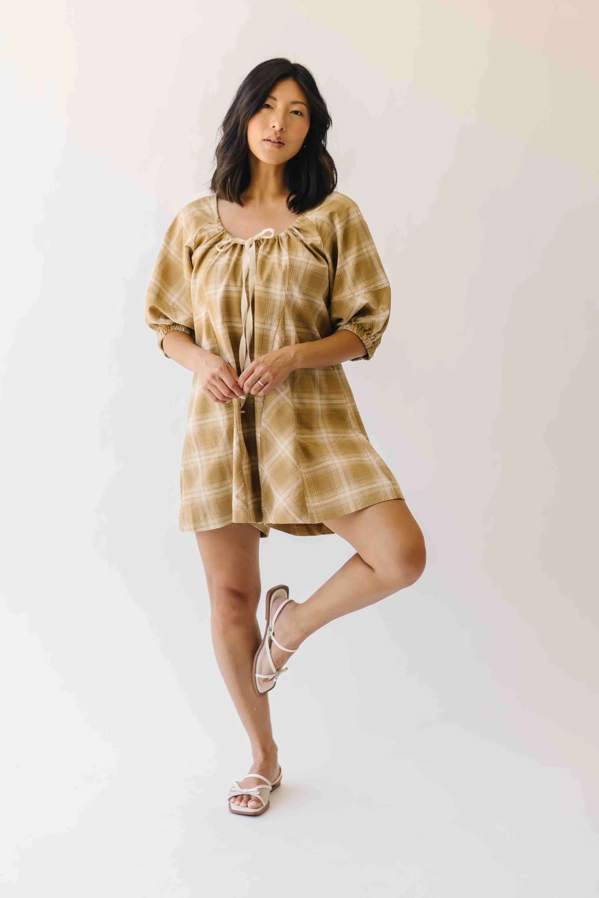 The Maloney Plaid Tie Romper in Camel - Image 8