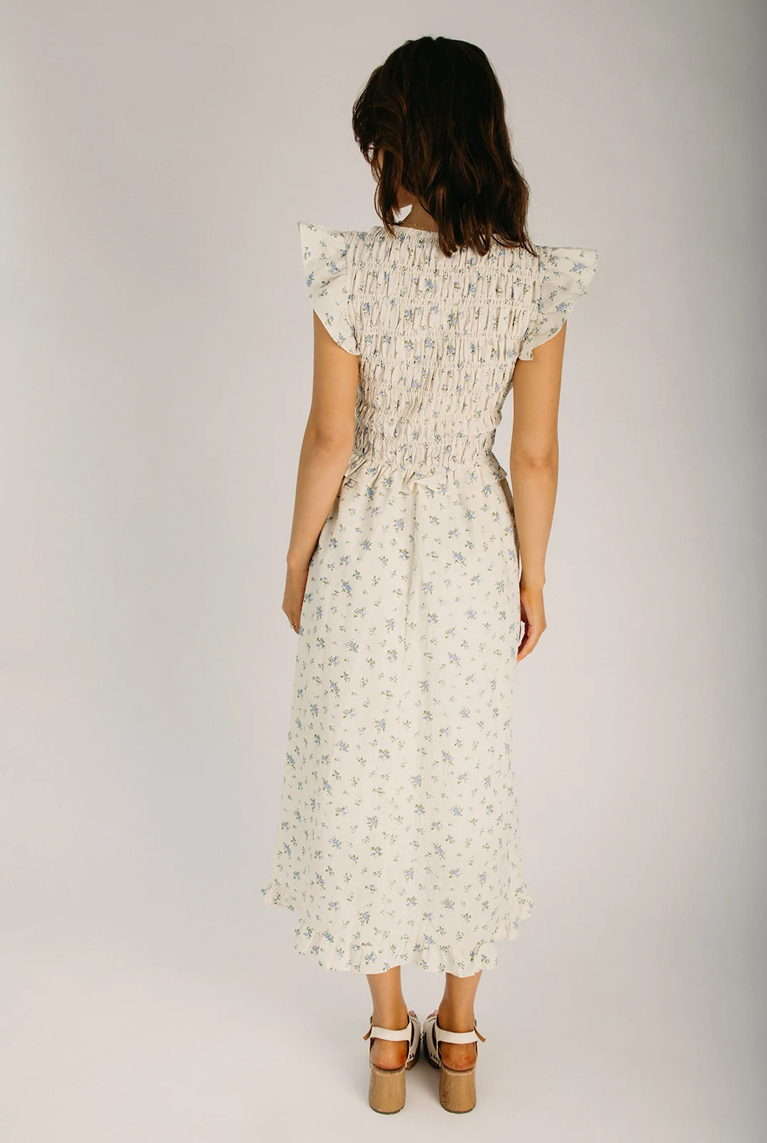 The Marni Smocked Bodice Floral Midi Dress in Cream + Blue - Image 2