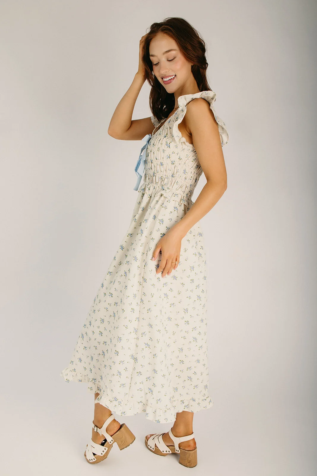 The Marni Smocked Bodice Floral Midi Dress in Cream + Blue - Image 4