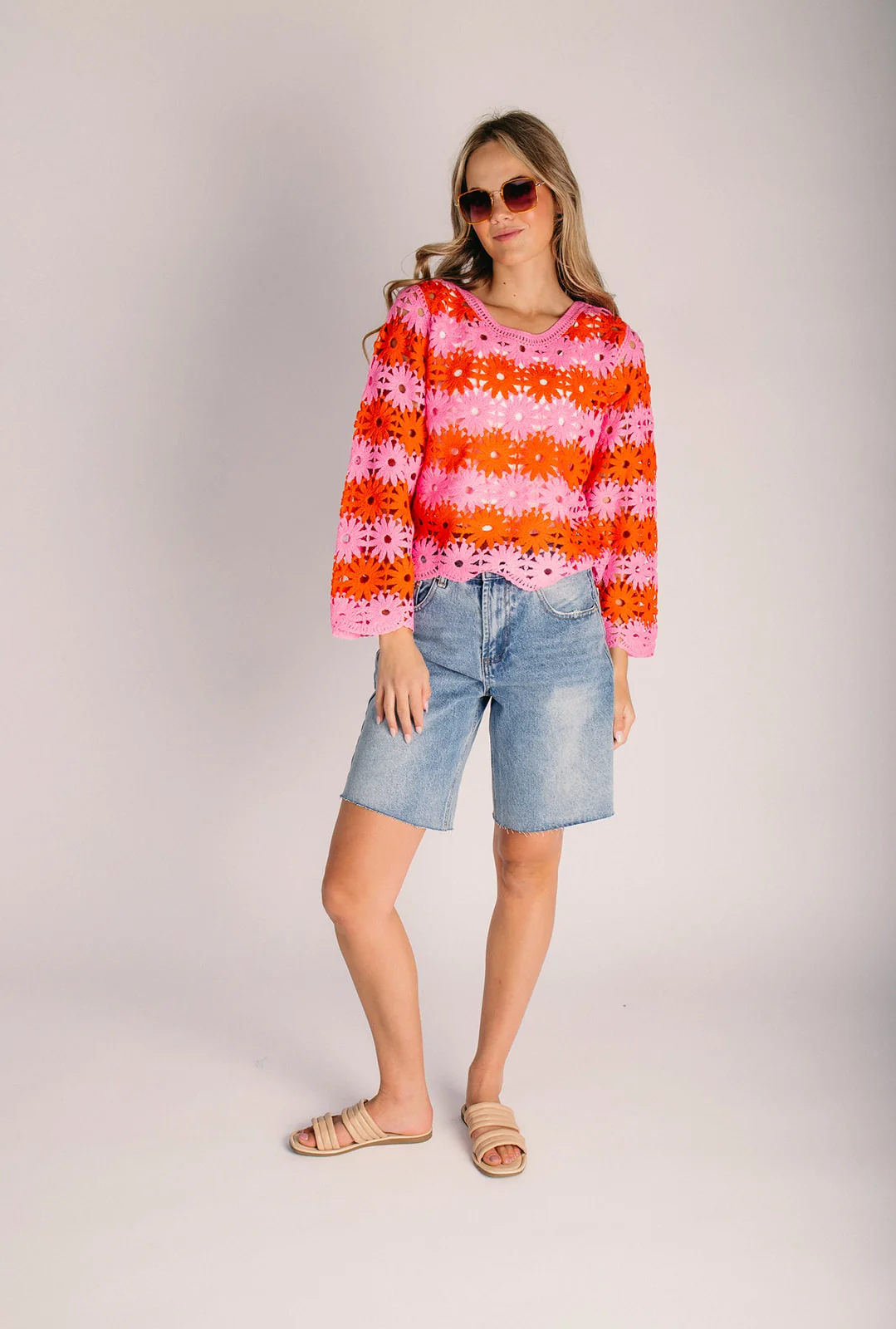 The Marstall Flower Crochet Blouse  in Pink + Red - Image 3