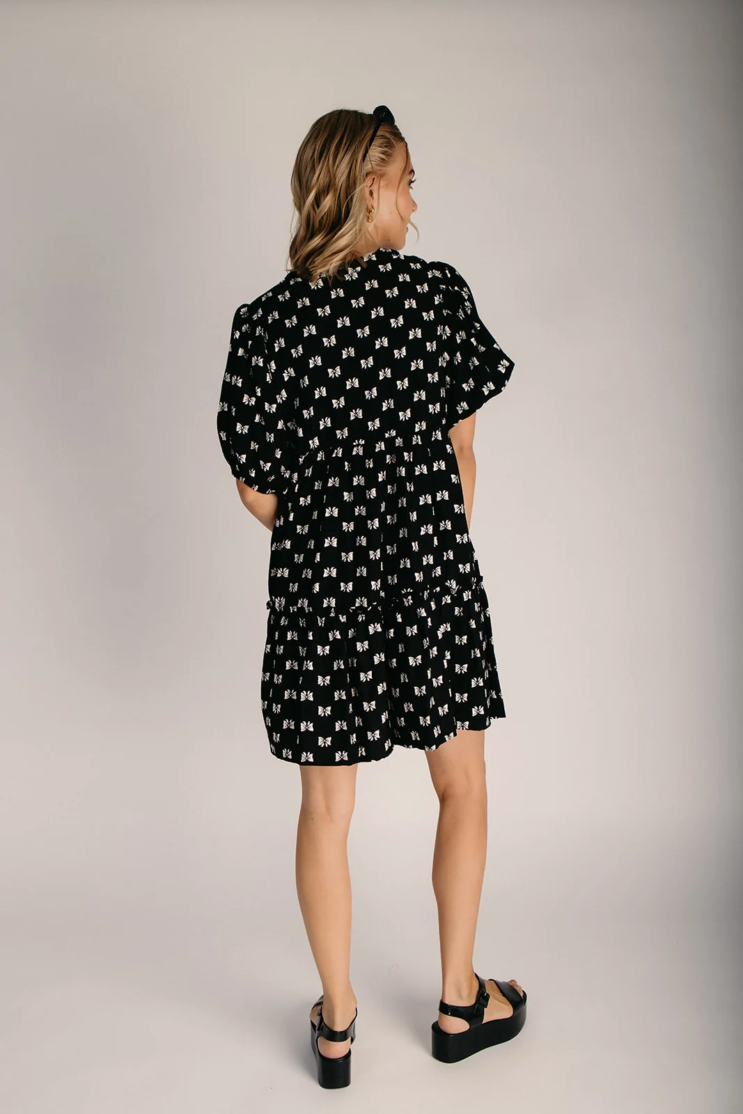 The Maxine V-Neck Puff Sleeve Dress in Black + Cream - Image 2