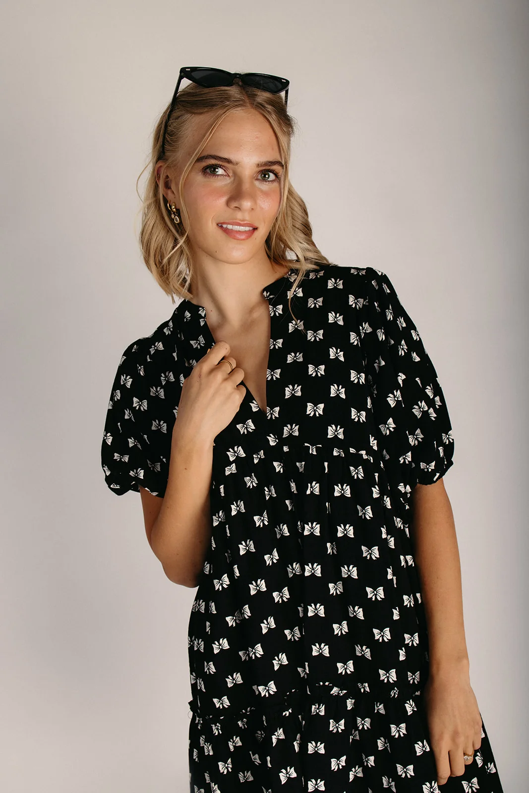 The Maxine V-Neck Puff Sleeve Dress in Black + Cream - Image 3