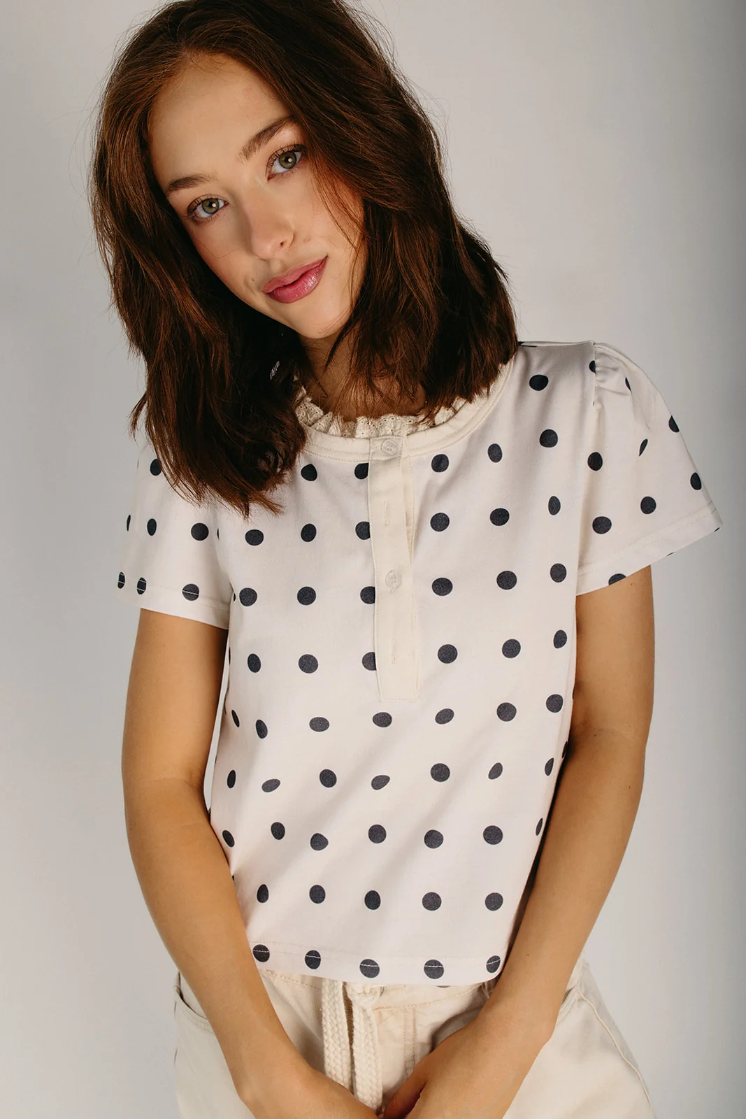 The Mercer Lace Trim Blouse in Off White + Black Dot