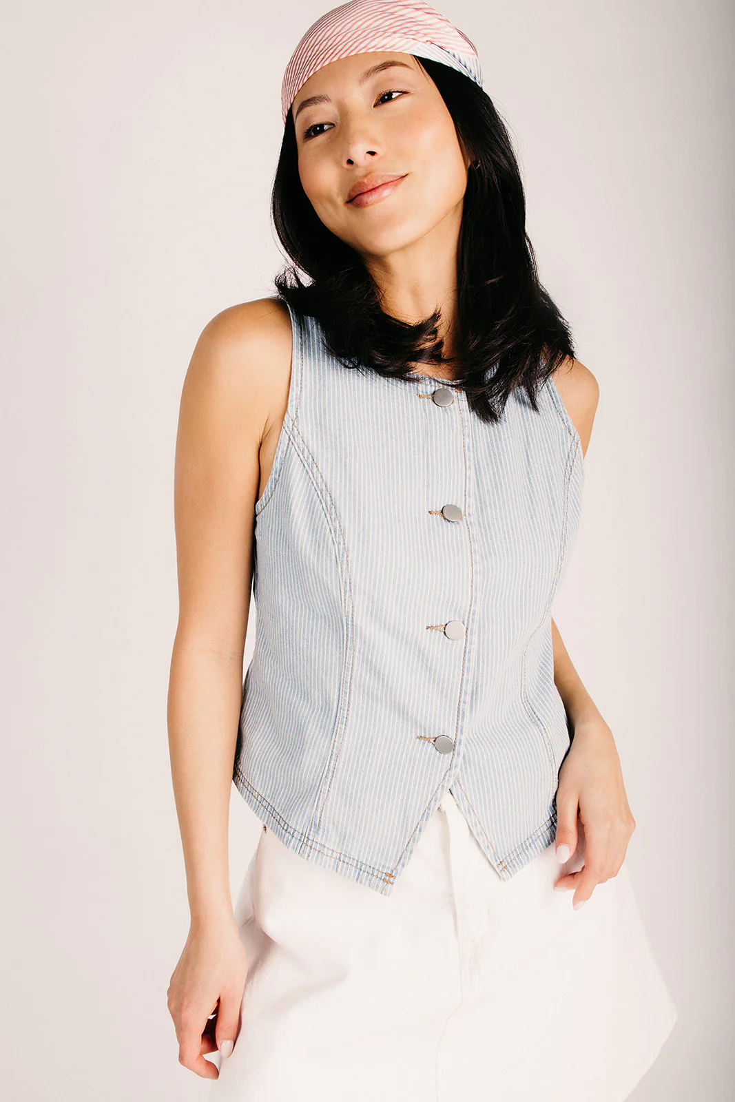 The Milliron Pinstripe Button-Up Vest in Light Denim