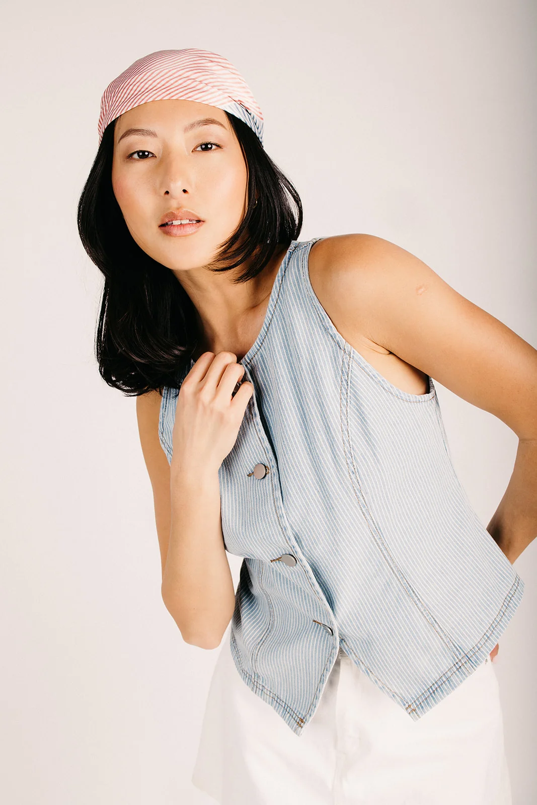 The Milliron Pinstripe Button-Up Vest in Light Denim - Image 7