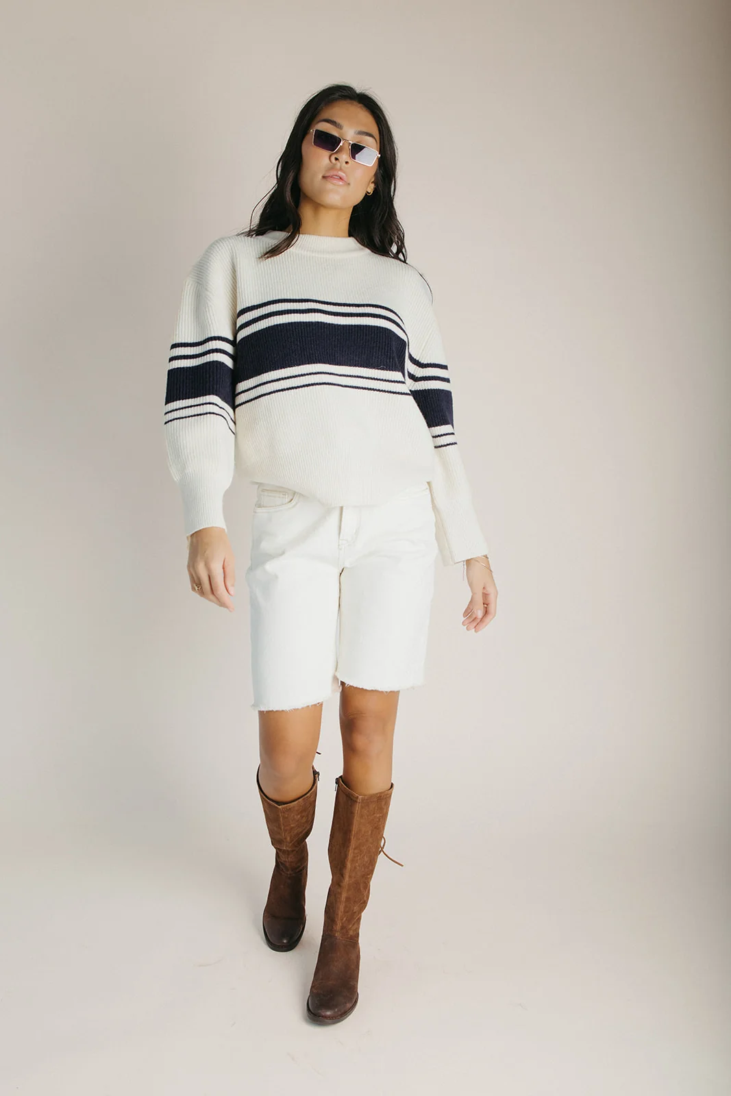 The Monarch Ribbed Sweater in Cream + Navy Stripe - Image 3