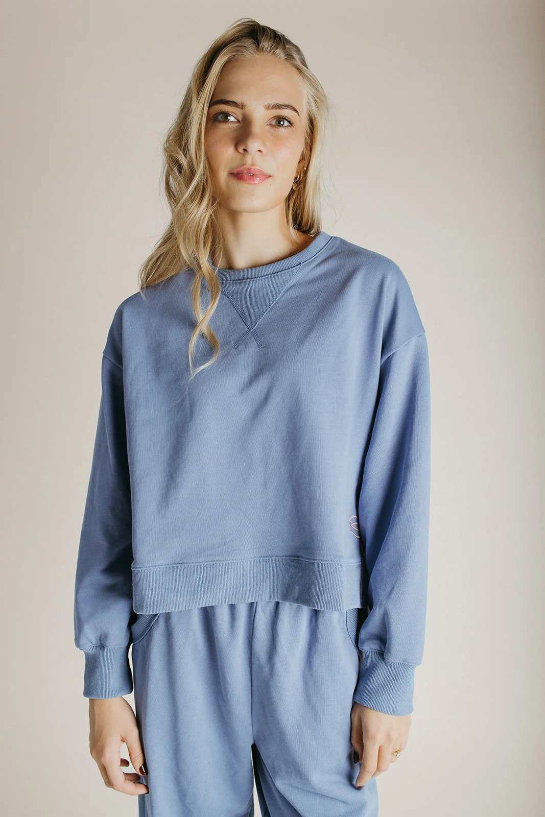 The Monzingo Bow Embroidered Pullover in Dusty Blue - Image 3
