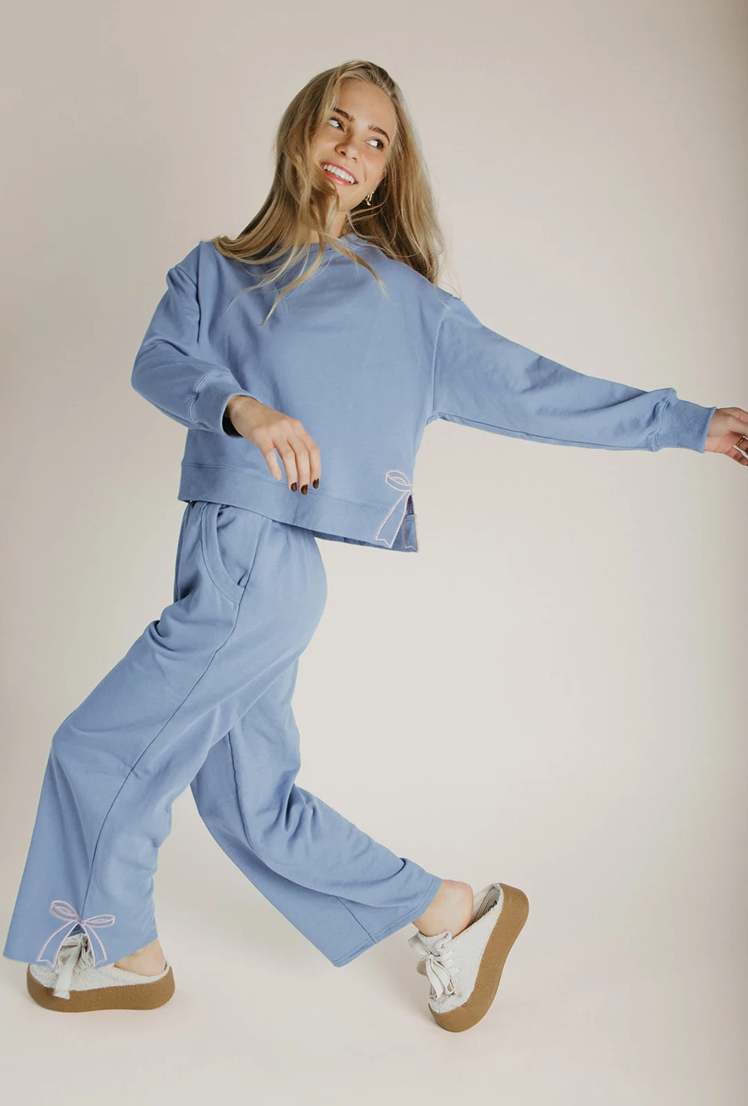 The Monzingo Bow Embroidered Pullover in Dusty Blue - Image 5