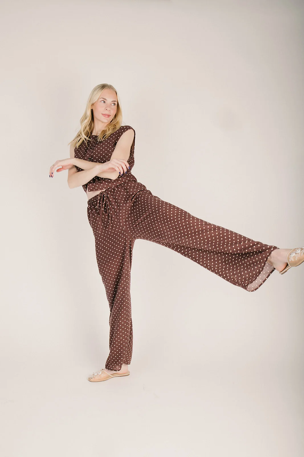 The Mosera Polka Dot Pant in Brown + Ivory - Image 5