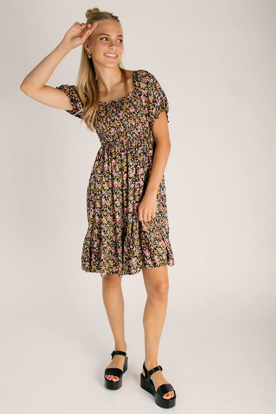 The Mulberry Puff Sleeve Floral Dress in Black + Pink