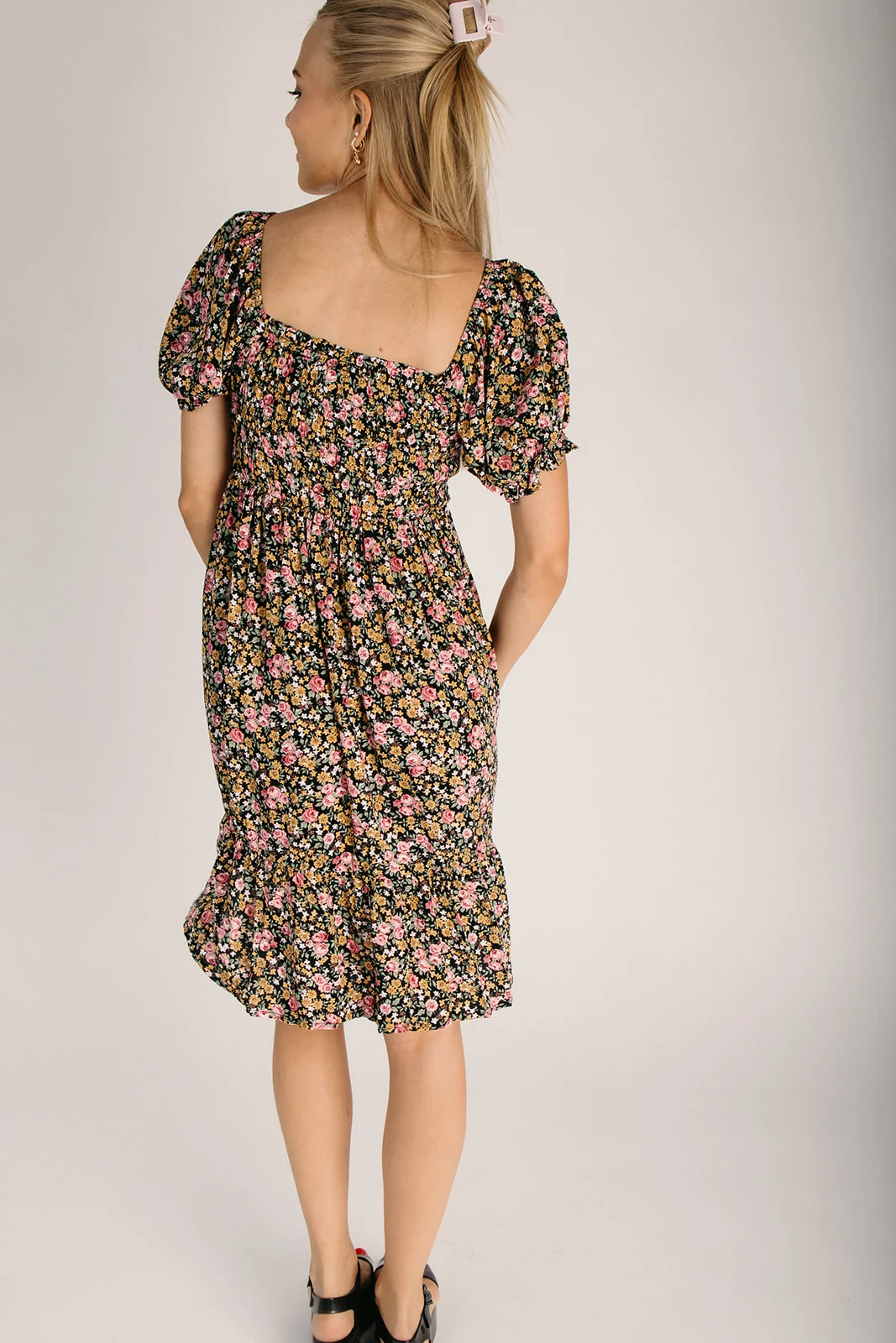 The Mulberry Puff Sleeve Floral Dress in Black + Pink - Image 2