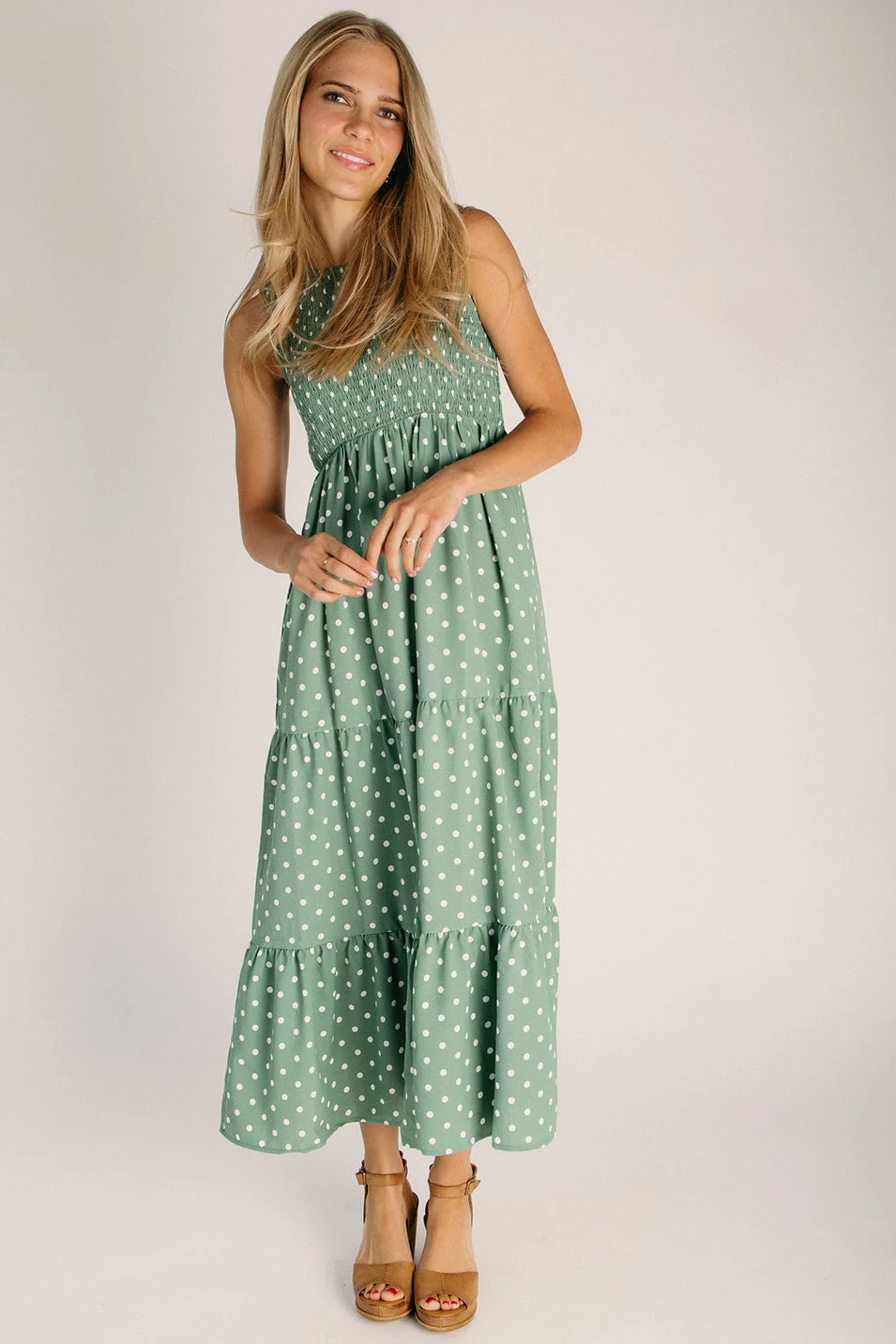 The Noma Smocked Bodice Midi Dress in Green